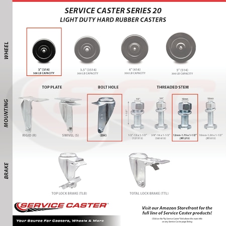 Service Caster 3 Inch SS Hard Rubber Wheel Swivel 12mm Threaded Stem Caster Brakes, 2PK SCC-SSTS20S314-HRS-M1215-2-TLB-2